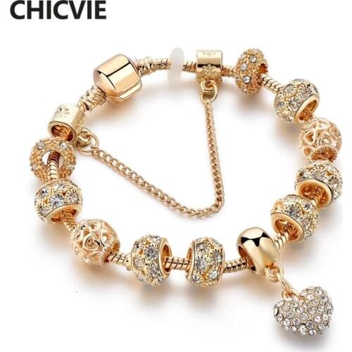 CHICVIE 20 cm Crystal Heart Handmade Bracelets Bangles Gold For Women Charm Bracelets Designs Trendy Jewelry Bracelet SBR190044