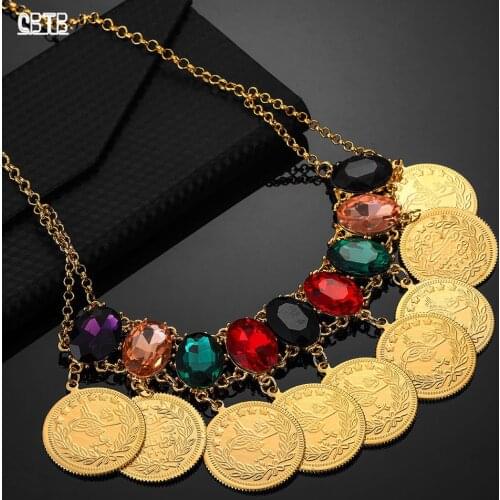Dubai Coin Womens Colorful Crystal Exquisite Necklace Arab Coin Luxury Wedding Gift Islam Middle East Muslim Necklace Jewelry