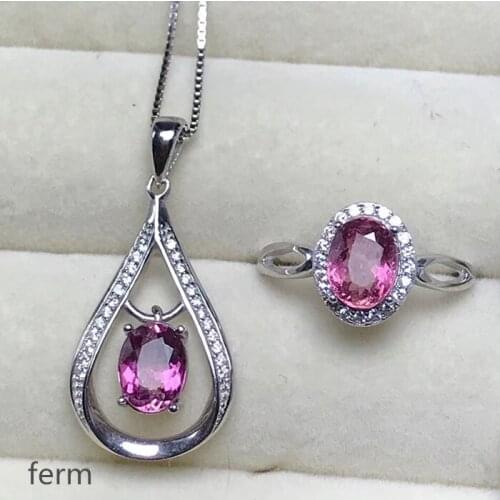 KJJEAXCMY exquisite jewelry 925 pure silver inlaid natural powder tourmaline female jewelry set ring pendant 2 pieces