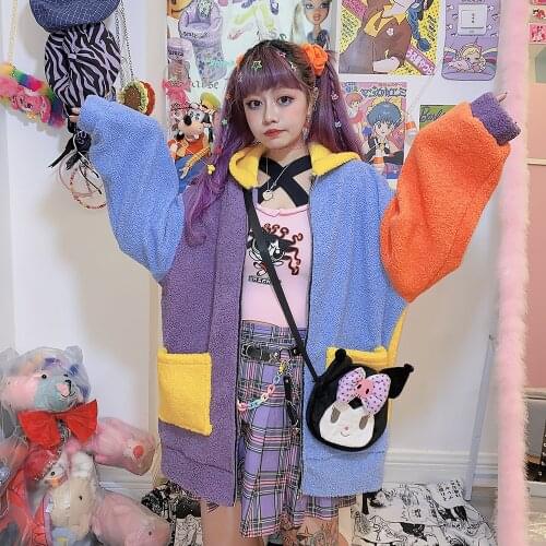 Harajuku jackets contrast makaron candy color splicing lamb hair hooded sweet loose coats