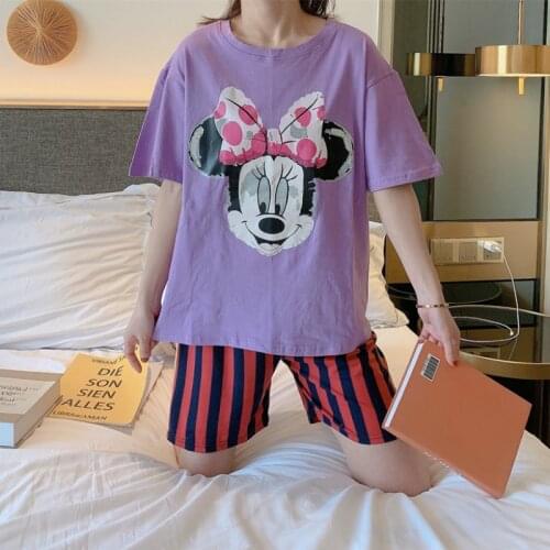 Summer Disney Pajamas Sets Woman Cute Minnie Mouse Cartoon Women Sleepwear Leisure Plus Size Top and Striped Shorts Homewear