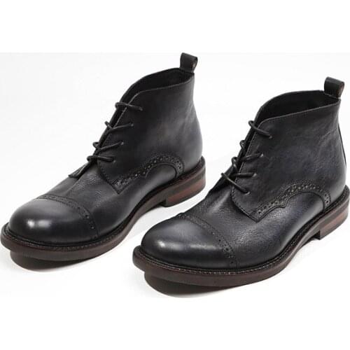 Mens winter short ankle boots Spring and winter cow leather fashion boots genuine leather round toes carving ankle boots