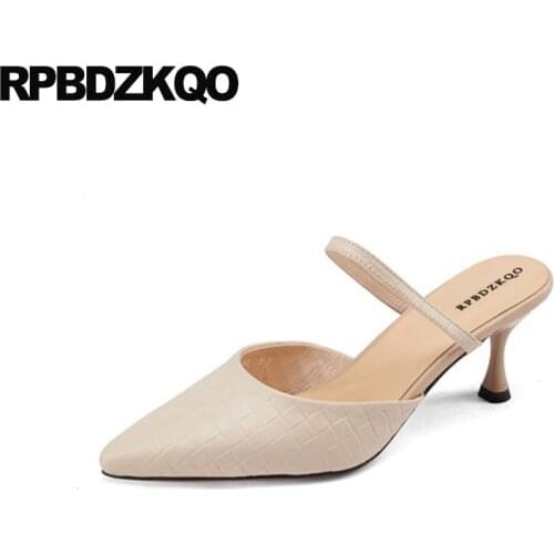 Girls Shoes Winkle Picker Plaid Thin 10 42 Mules Slipper Beige Sandals Big Size High Heels Party Pointed Toe Strap Women Pumps