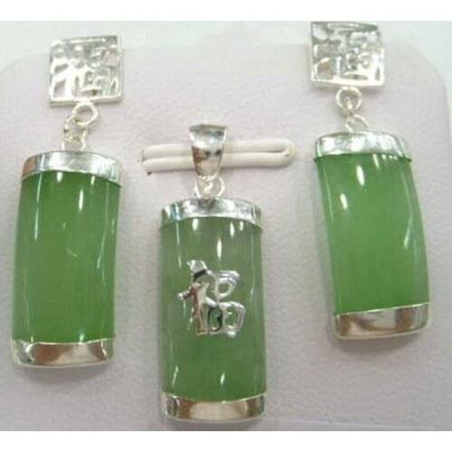 New Style Hot sale***Natural green jade Fortune Pendant Necklace Earrings Set Fashion Wedding Party Jewellery