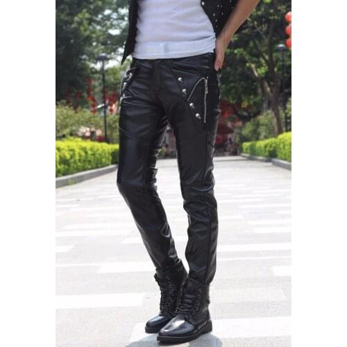 Autumn winter warm personality fashion motorcycle faux leather pants mens feet pants pu trousers for men plus velvet thicken