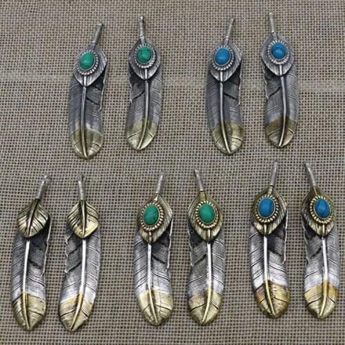 Takahashi Kagura Goros 925 Sterling Silver Turquoise Gold Feather Necklace Retro Combination Of Simple Accessories