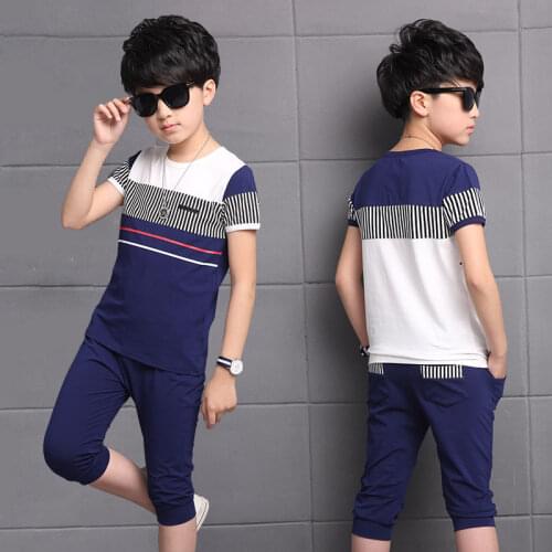 Teenager Boy School Style Navy Blue White Tops T-shirt + Short Overall Sport Suits Summer Kids Clothes Childrens Clothing Set