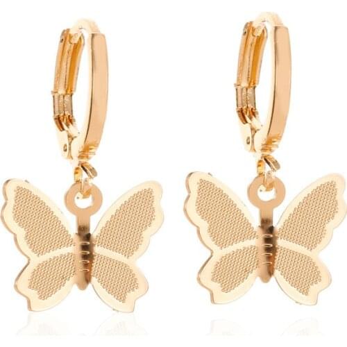 Hoop Earrings Gold Silver Color Round Scrub Butterfly Charm Pendant Small Circle Huggie Earring For Women Ear Jewelry Eardrop