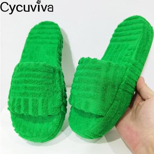 Open Toe Green Towel fabric Flat Slippers Women Flip Flops Flat Mules Casual Slides Summer Shoes for Women 2021 Flat Sandalias