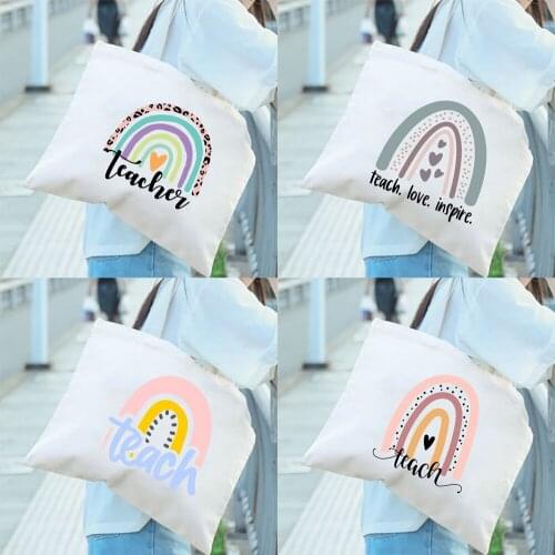 Teacher Love Inspire Rainbow Printing Shoulder Zipper Bags Fashion Women Casual Shopping Bags Eco Reusable Tote Teacher Gift