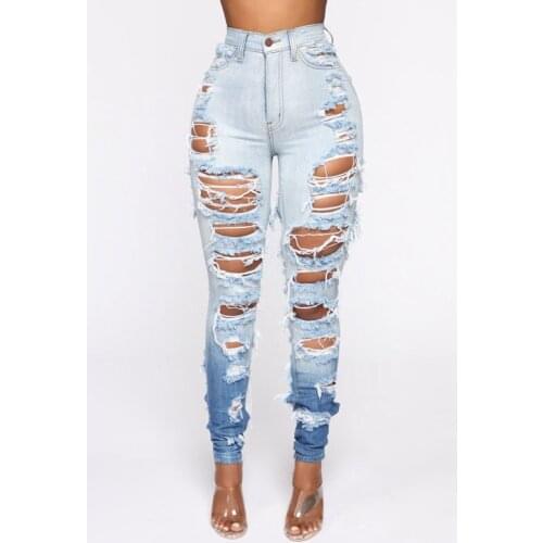 Women Clothes Fashion Jeans Woman Mid Waist Hole Light Blue Gradient Elastic Pants Lounge Streetwear Y2k Clothes Wholesale Items