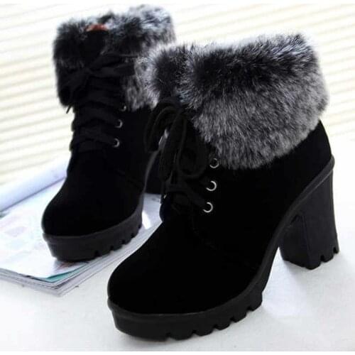 Ankle boots women shoes 2021 solid square heels winter shoes woman lace-up snow boots ladies shoes warm plush women winter boots