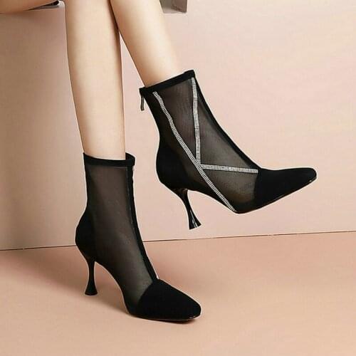 2021 Faux Suede Mesh Women Ankle Boots Fashion Thin High Heel Square Toe Women Short Boots Summer Dress Womens Shoes Black