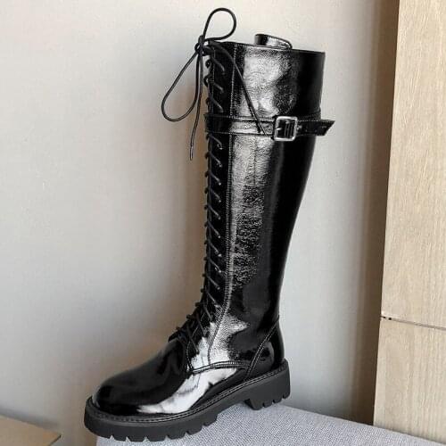 2020 autumn/winter natural leather boots for women knee boots vintage motorcycle boots lace-up real leather boots