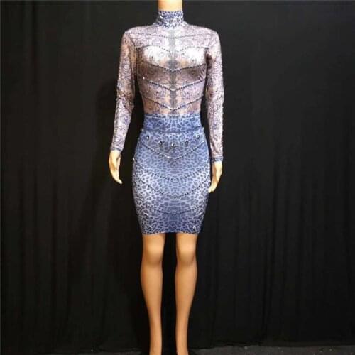 X05 Blue Leopard printed female sexy dresses singer perform wears Hip skirt diamonds outfits bar stage costume catwalk show wear