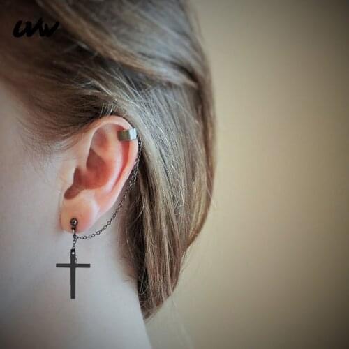 UVW026 2pc Trendy Punk Surgical Steel Ear Cuff Chain Cross Ear Stud Earrings for Women Cool Boho Piercing Pendientes Brincos