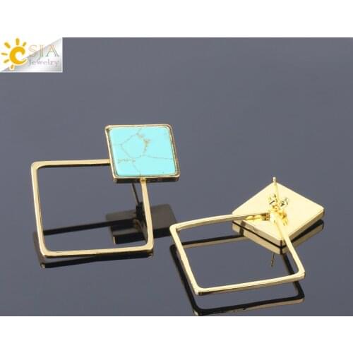 CSJA Temperament Statement Earrings for Women Square Geometric Natural Gems Stone Stud Earring Gold Color Hollow Jewellery S227