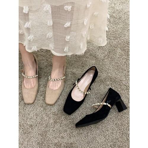 Womens shoes high heels 2021 spring new fashion suede square toe thick heel leather shoes Mary Jane