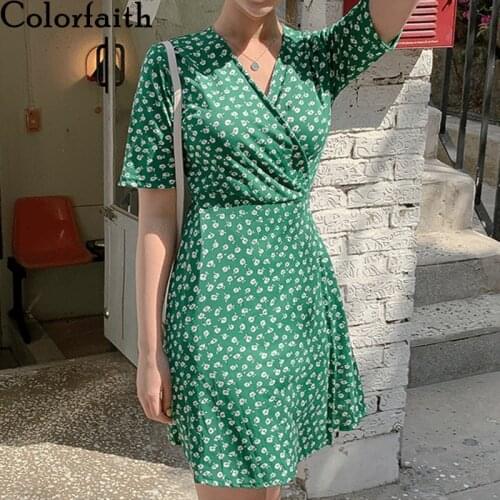 Colorfaith New 2021 Women Summer Dresses Floral Printed Vintage High Waist V-Neck Lace Up Korean Style Lady Mini Dresses DR1973