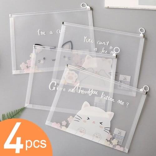 A4 4pcs Transparent File Bag Waterproof Pull Side Folder Information Bag Storage Kawai Stationery Pencil Case Office Supplies