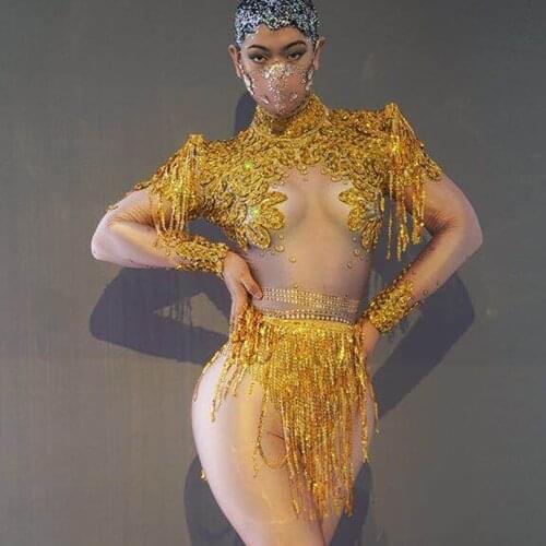 Sparkly Rhinestones Chains Fringes Outfit Shining Mesh Sexy Bodysuit Nightclub Party Wear Dancer Costumes