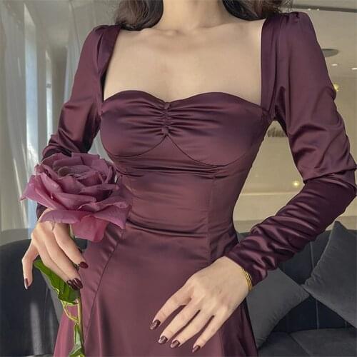 Burgundy Square Neck Long Sleeve Satin Dress Elegant Women Party Fit and Flare Dress Knee-Length Vestidos