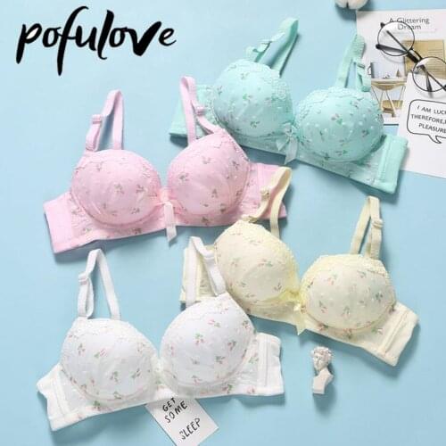 Teen Girl Bra Pink Kawaii Lace Floral Bras Push Up Bralette Wireless Underwear Seamless Brassiere Student Lingerie Cute 75 A B