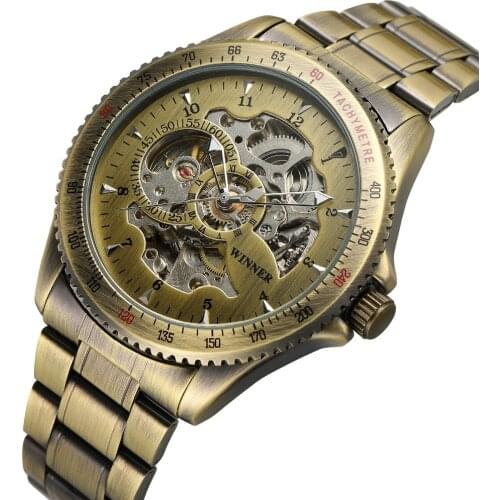 WINNER Vintage Bronze Skeleton Automatic Mechanical Male Wrist Watch Transparent Watches Male Unique Steel Band Steampunk Luxury Wristwatches Gifts