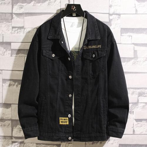 Black Denim Jacket Mens Trend All-match Cargo Coat Embroidered Labeling Design Hip-hop Streetwear Mens Clothes Spring Autumn