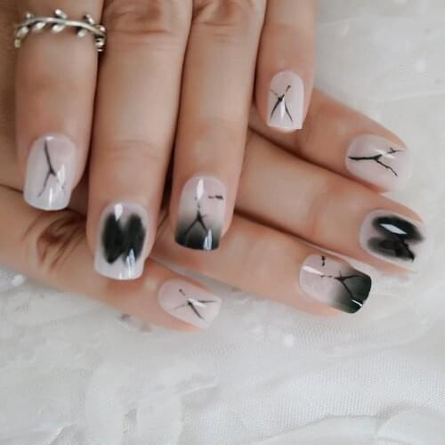 Designed Short Unique False Nail Milk White Special Patten Daily Artificial Nail for Finger with Double Stickers Nail Tips