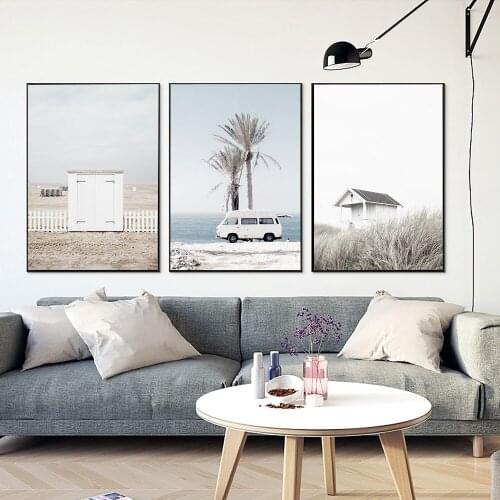 Camper Van Bus Canvas Art Print Retro Car Poster Beach Ocean Palm Trees Canvas Painting Coastal Wall Picture Boho Art Home Decor