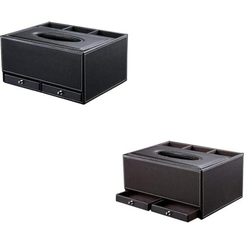 Creative Tissue Box Holder 3 Compartments Holder With 2 Small Drawer Multi-function PU leather Tissue Box Cover Desk Organizer