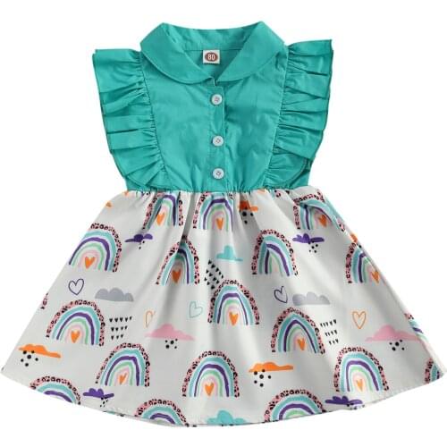 Summer Sweet Girls Dress Toddler Infant Baby Doll Collar Ruffle Sleeveless Buttons Rainbow Printed Patchwork Sundress for 6M-5Y