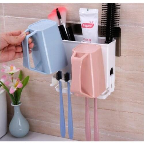 1SET Multi-function Wall Hanging Traceless Sticking Toothbrush Rack Shelf Washing Cover Device Toothbrush Holder with Cup KP 024