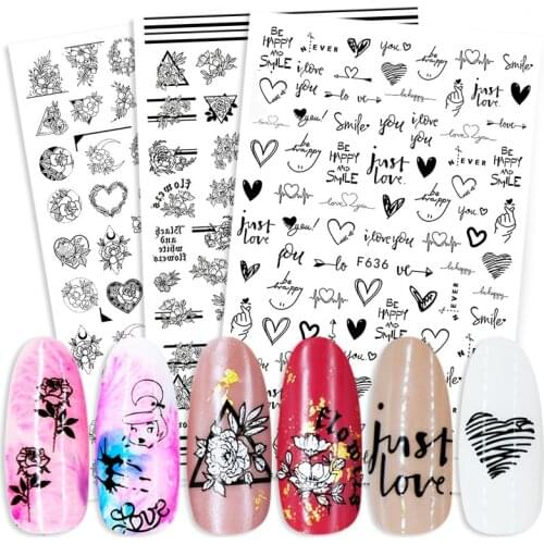 Retro Black White Nail Foil 3D Nail Sticker Flower Heart Design Nail Decals Fashion Self-Adhesive Manicure Art Nails Accessories