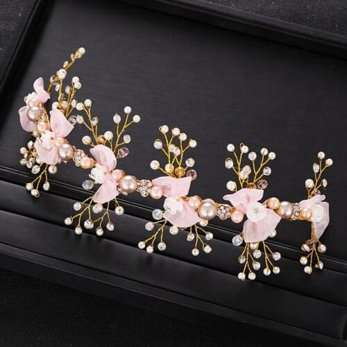Handmade Gold Wedding Headband Pink flower Pearl for Bridal Headpiece Women Headband Hair Jewelry Wedding Hair Accessories