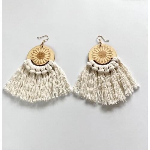 Macrame Tassels Wooden Earring Sunflower Casual Ethnic Handmade Hot Sale Simple Trendy Statement Wedding Earrings for Women