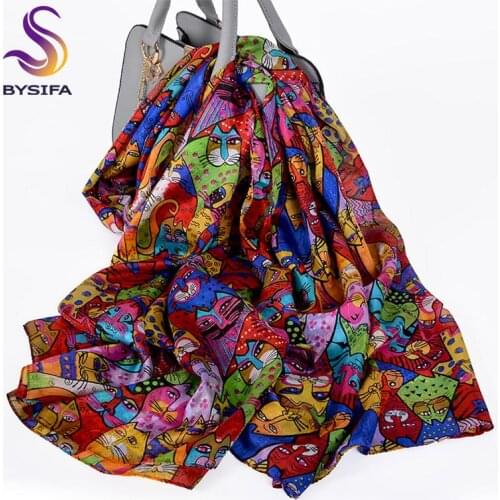 [BYSIFA] Real Silk Scarf 2019 Cartoon Cats Design Foulard Femme Long Scarves Spring Fall Ladies Hijab Scarfs Summer Beach Shawl