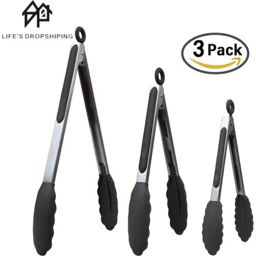 3pcs Silicone BBQ Grilling Tong Salad Bread Serving Tong Non-Stick Kitchen Barbecue Grilling Cooking Tong with Joint Lock