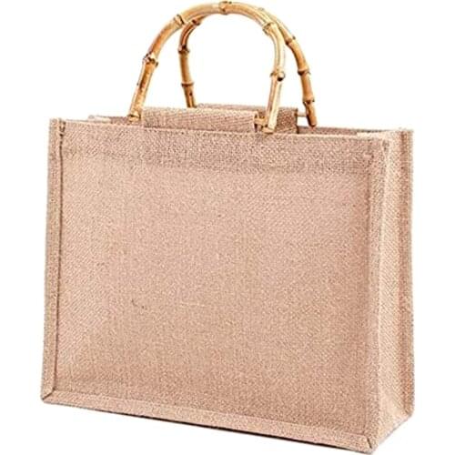 Portable Shopping Bag, Portable Jute Shopping Bag Shopping Bag Bamboo Bag with Ring Handles Tote Light Brown