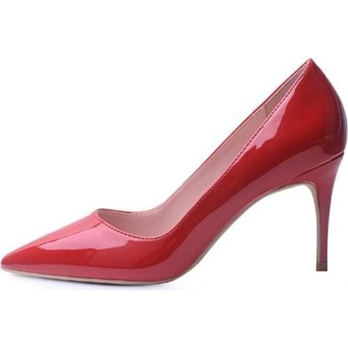 Shoes Woman Thin High Heels Pumps Patent Leather Slip On 8CM Pointed Toe Fashion Dress Party Wedding Shallow New 2020 Shoes Red