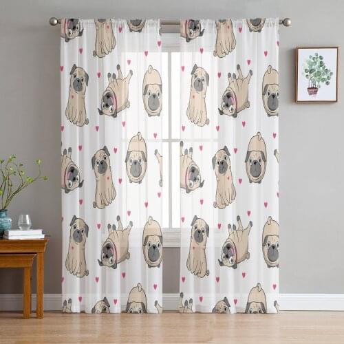 Cartoon Bulldog Love Window Treatment Tulle Modern Sheer Curtains for Kitchen Living Room the Bedroom Curtains Decoration