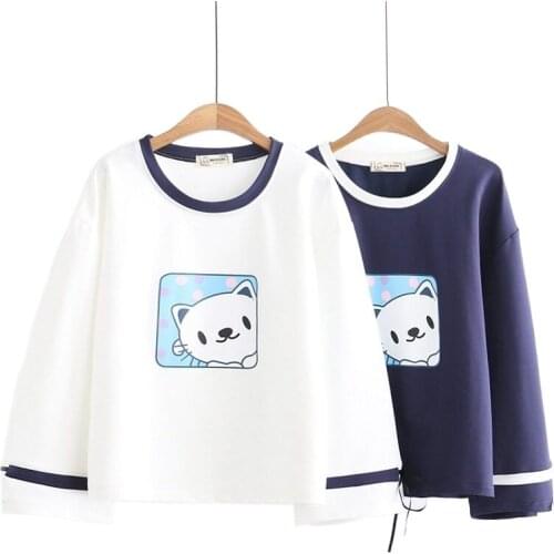 Spring Women cute Japanese Mori Girl Fresh Sweet Cartoon Cat Print Cuff Drawstring Trumpet Sleeve Cotton Sweatshirts