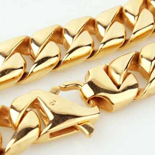 High Polishing Gold Color 15mm Width Cool Mens 316 Stainless Steel Cuban Link Chain Necklace Bracelet 7"-40" Xmas Gift