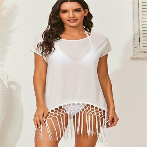 Women Summer Beach Tassel T-shirt Cover Ups Adult Sexy See-through Solid Color Short Sleeve Round Neck Fringe Pullover Tees Tops
