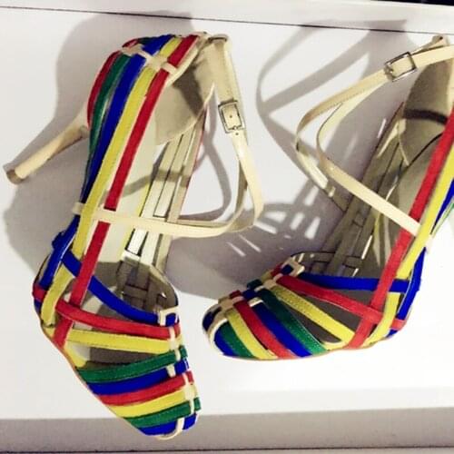 Handmade Weave cross strap sandals round toe mixed color stripe pattern hollow breathable stiletto woman shoes pumps Thin Heel