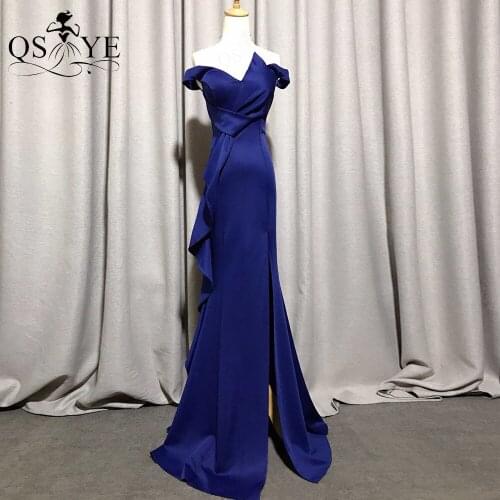 QSYYE Dark Royal Blue Evening Dresses One Shoulder Mermaid Formal Gown Sexy V Neck Bow Knot Waist Evening Dress Slit Party Dress