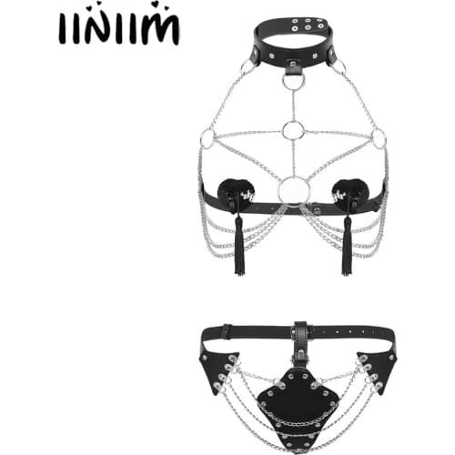 Womens Lingerie Exotic Sets Nipples Open Bust Harness Chain Bikini Top with Buckles Underwear Ladies Sexy Cocktail Party Costume