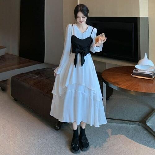 Fashion Autumn Long Sleeve White Woman Dress Flare Sleeve Two-piece Suit V-neck Dresses Female Clothing Preppy Style New