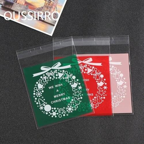 25Pcs Christams Bow Wreath Self-adhesive Plastic Gift Bags Wedding Party Cookies Packaging Bag Xmas Biscuit Dessert Decoration